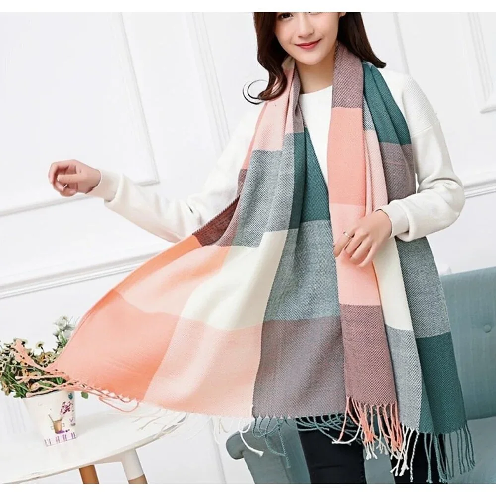 Women's Pink Fashion Long Shawl Big Grid Winter Warm Lattice Large Scarf